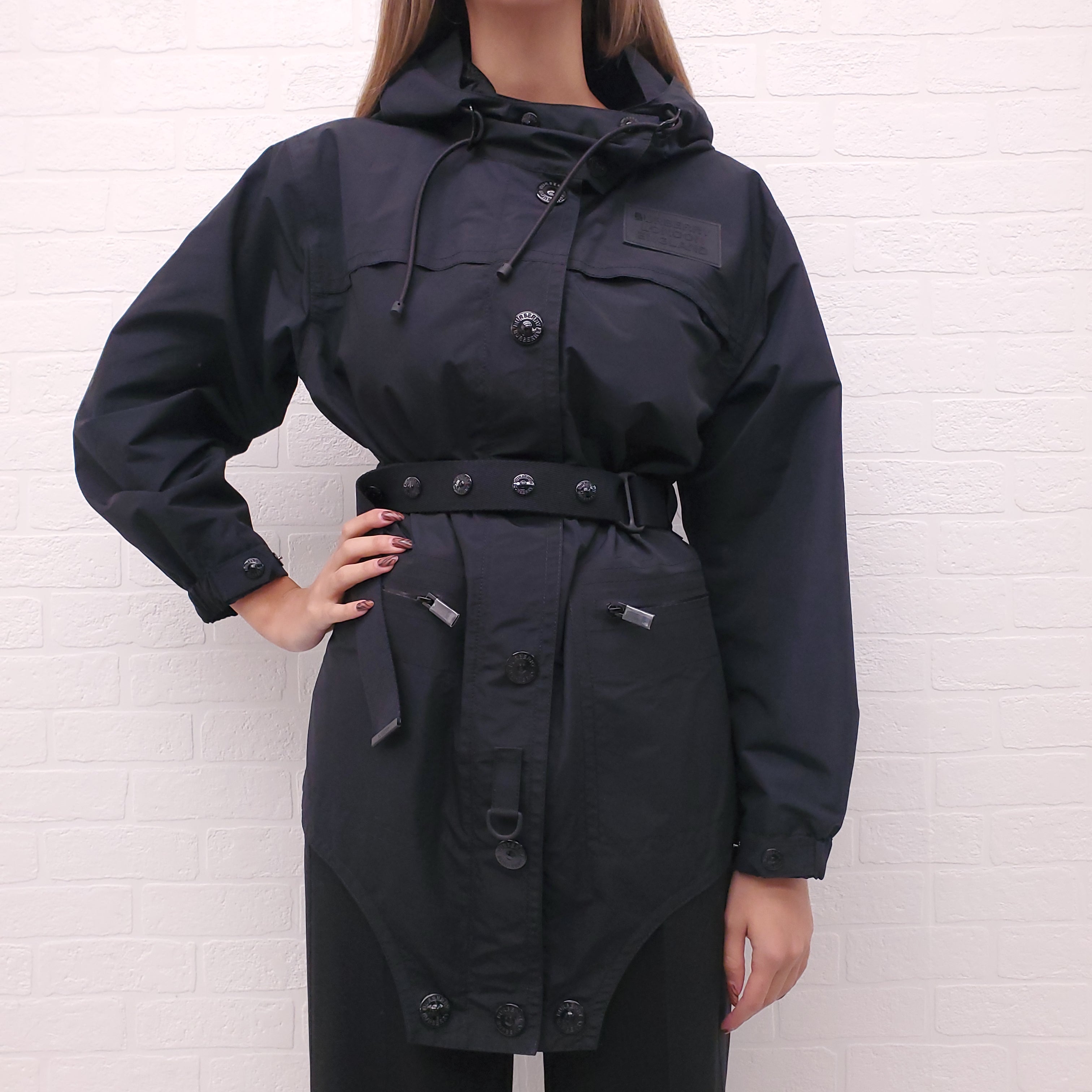 BURBERRY BLACK NYLON COAT WITH BELT - SIZE 0