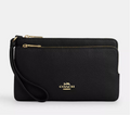 NWT Coach Leather Double Zip Large Wristlet Wallet In Gold/Black