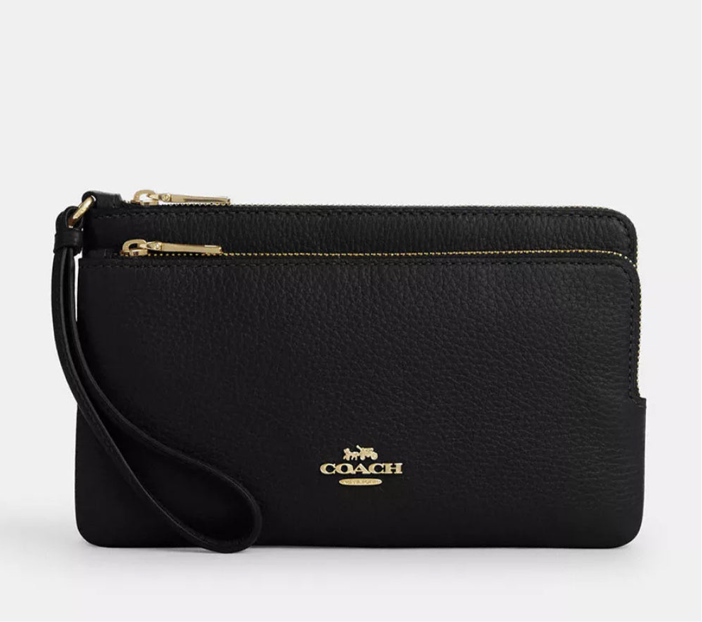 NWT Coach Leather Double Zip Large Wristlet Wallet In Gold/Black