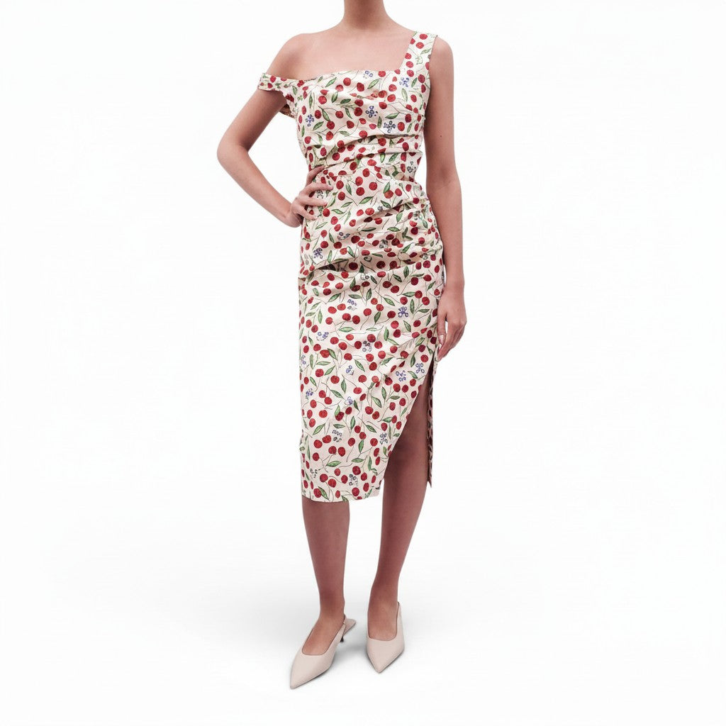 CAROLINA HERRERA CREAM CHERRY PATTERNED RUCHED DRESS - SIZE 6