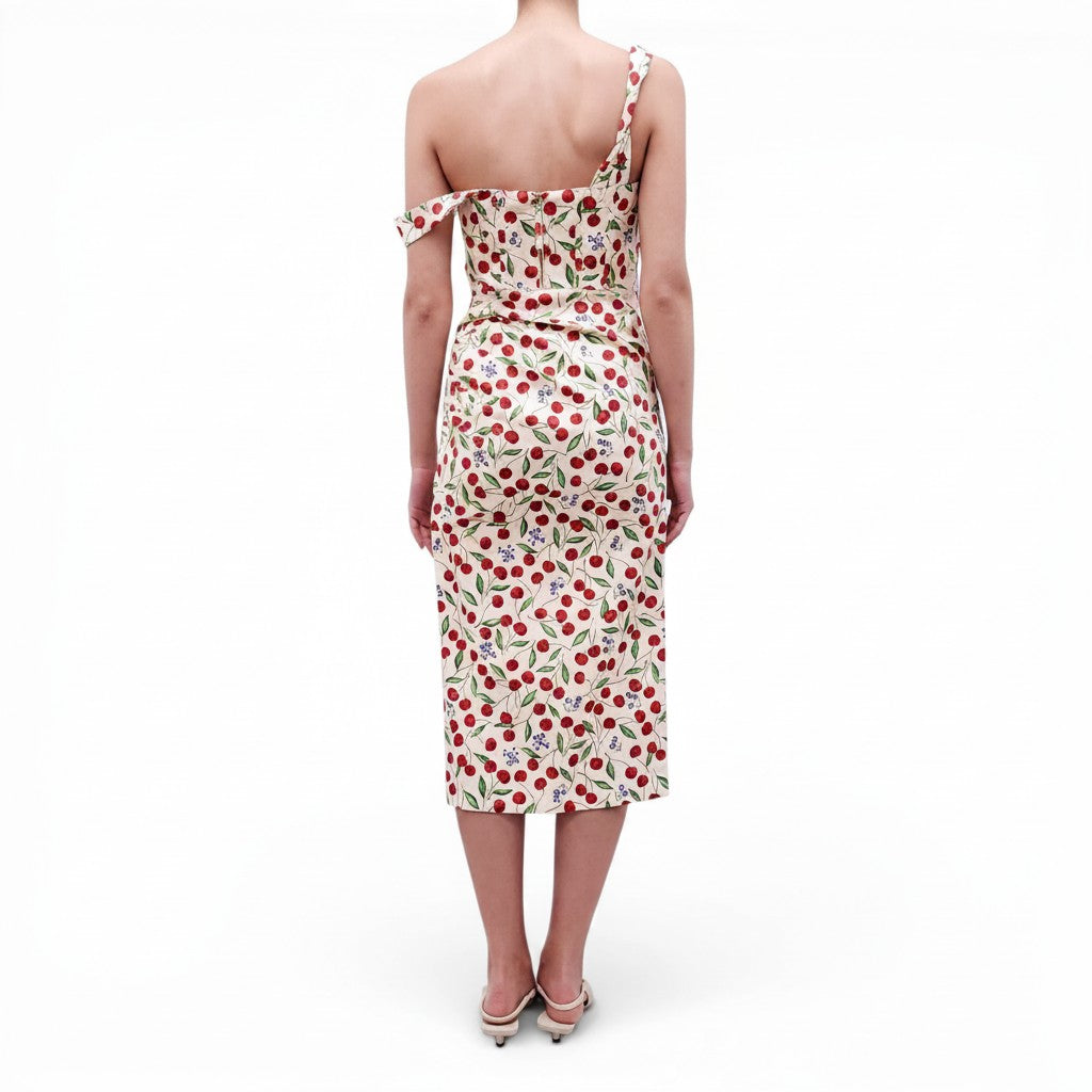 CAROLINA HERRERA CREAM CHERRY PATTERNED RUCHED DRESS - SIZE 6
