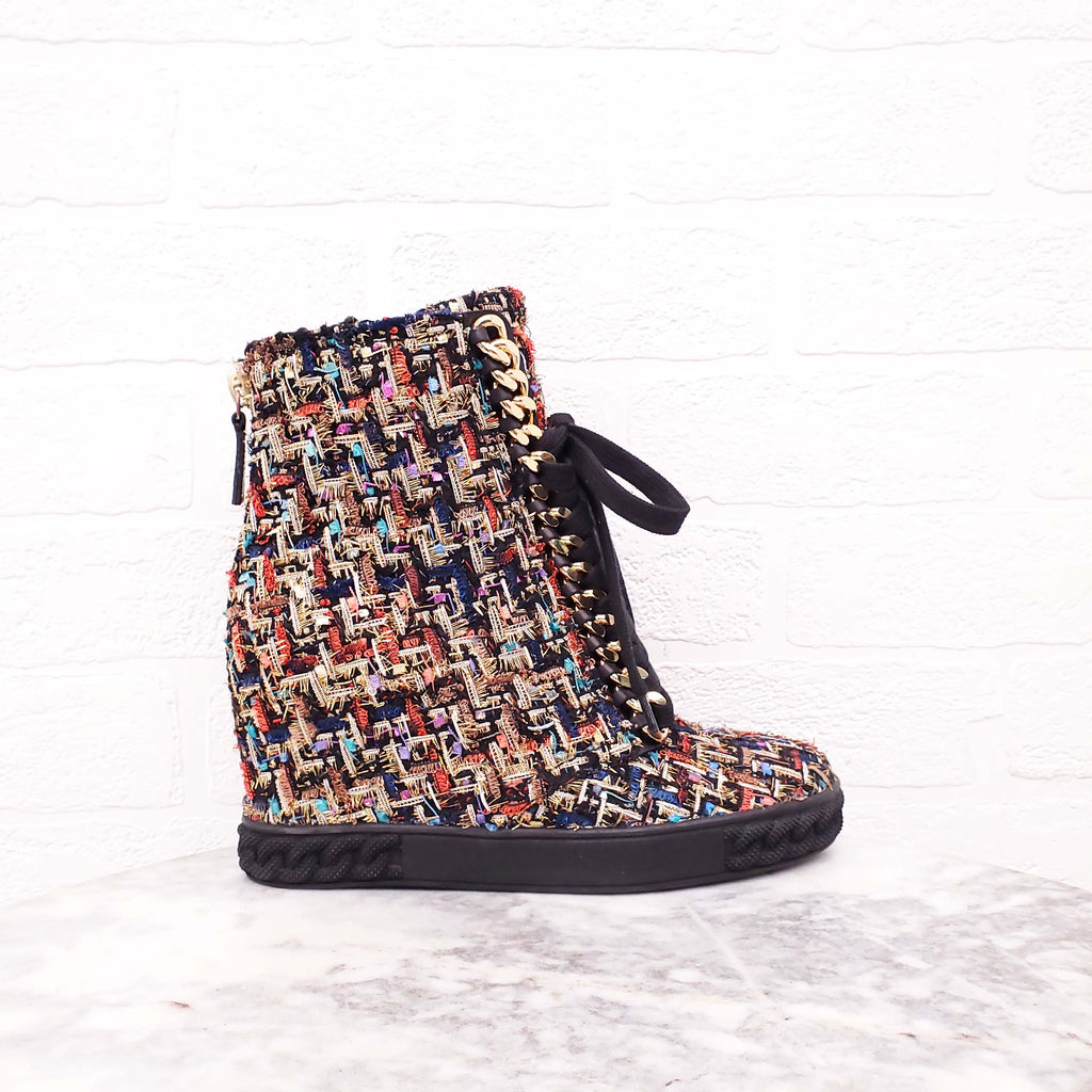 CASADEI MULTI-COLOUR TWEED WEDGE SNEAKERS WITH CHAIN DETAIL - SIZE 7