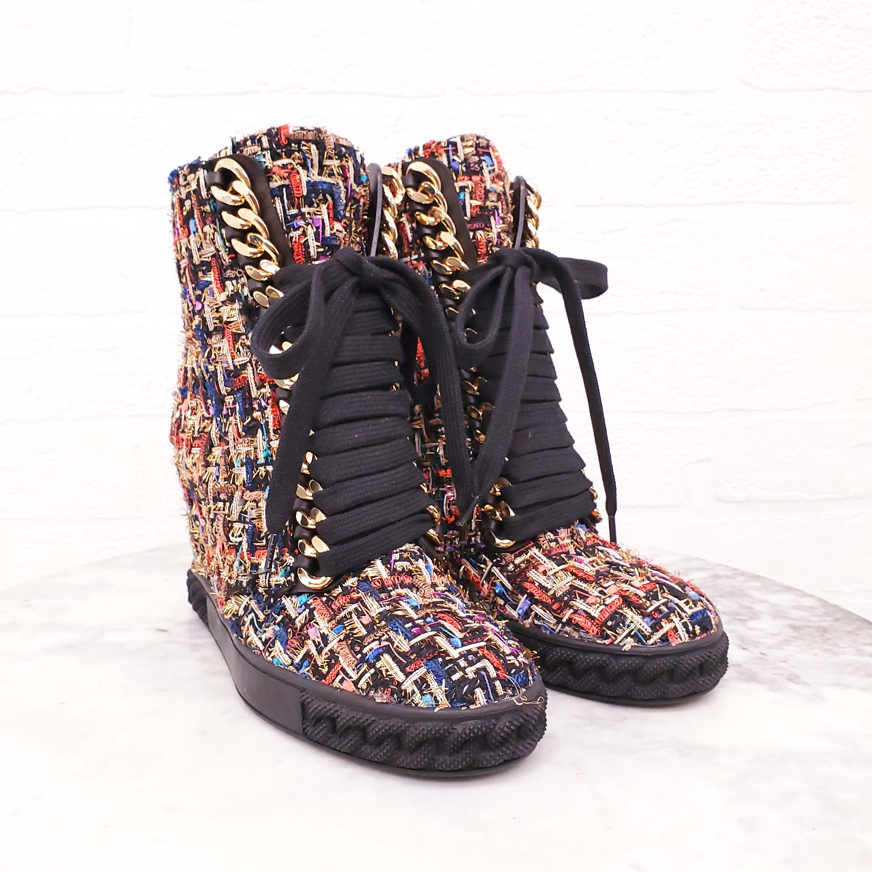 CASADEI MULTI-COLOUR TWEED WEDGE SNEAKERS WITH CHAIN DETAIL - SIZE 7