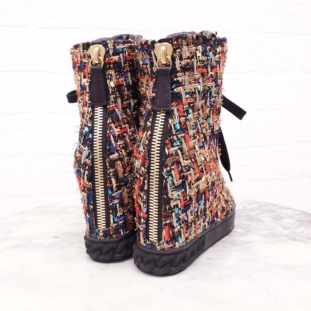 CASADEI MULTI-COLOUR TWEED WEDGE SNEAKERS WITH CHAIN DETAIL - SIZE 7