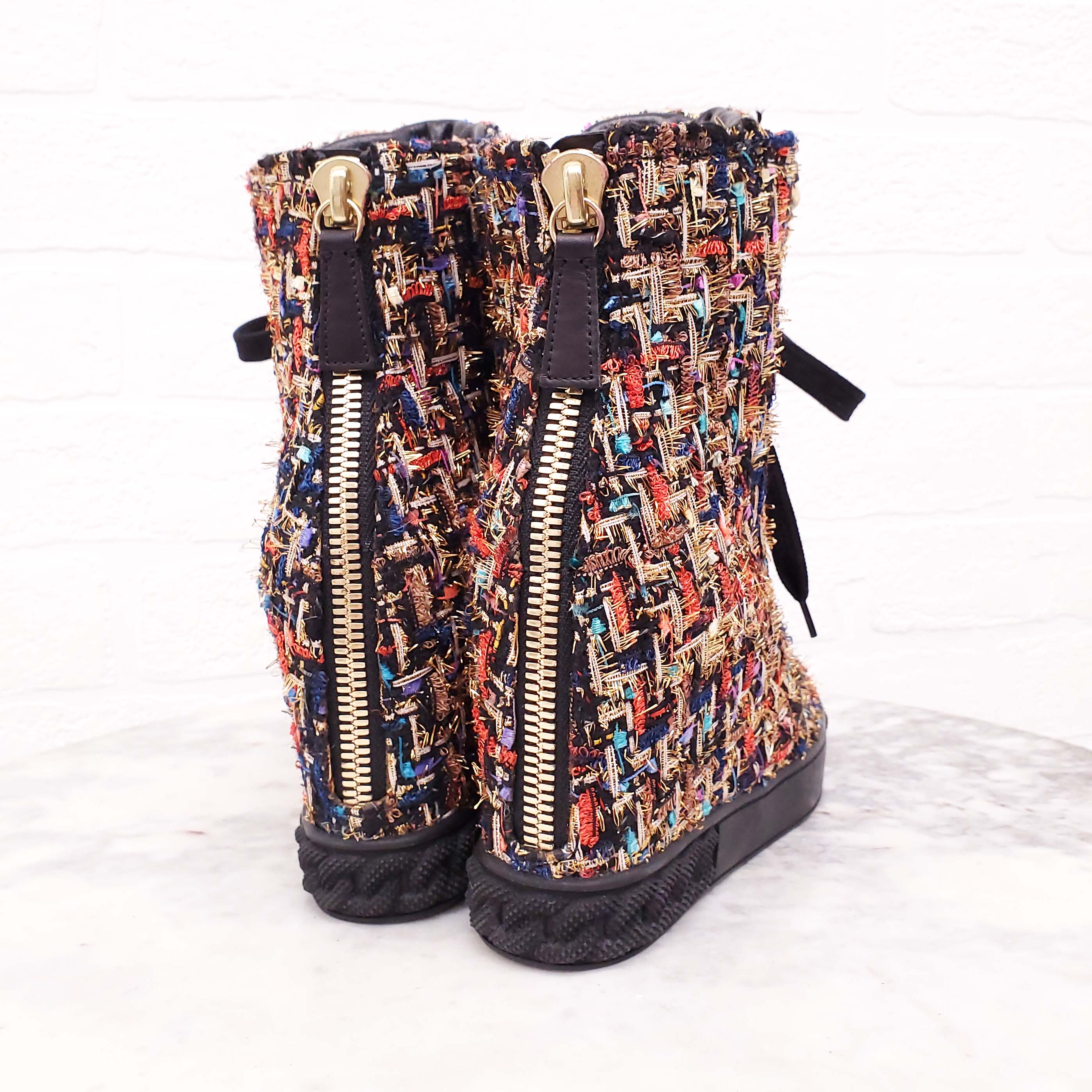 CASADEI MULTI-COLOUR TWEED WEDGE SNEAKERS WITH CHAIN DETAIL - SIZE 7