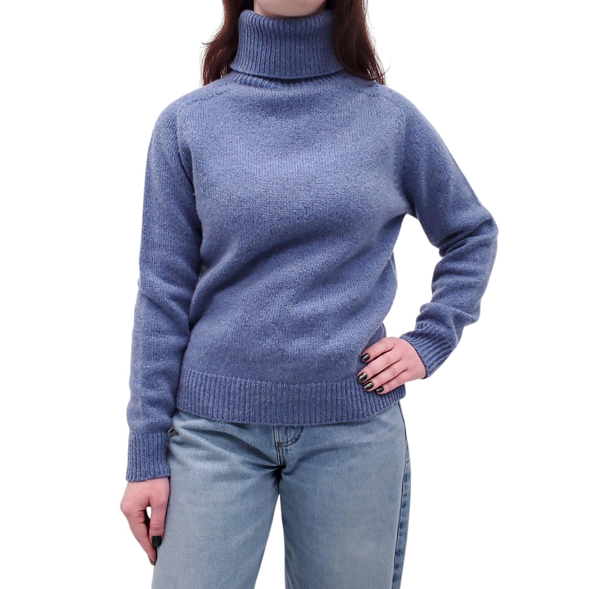 CELINE BLUE CASHMERE OVERSIZED TURTLENECK SWEATER WITH TRIOMPHE LOGO - SIZE XS
