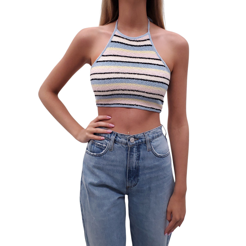 CELINE STRIPED TERRYCLOTH HALTER TOP - SIZE S