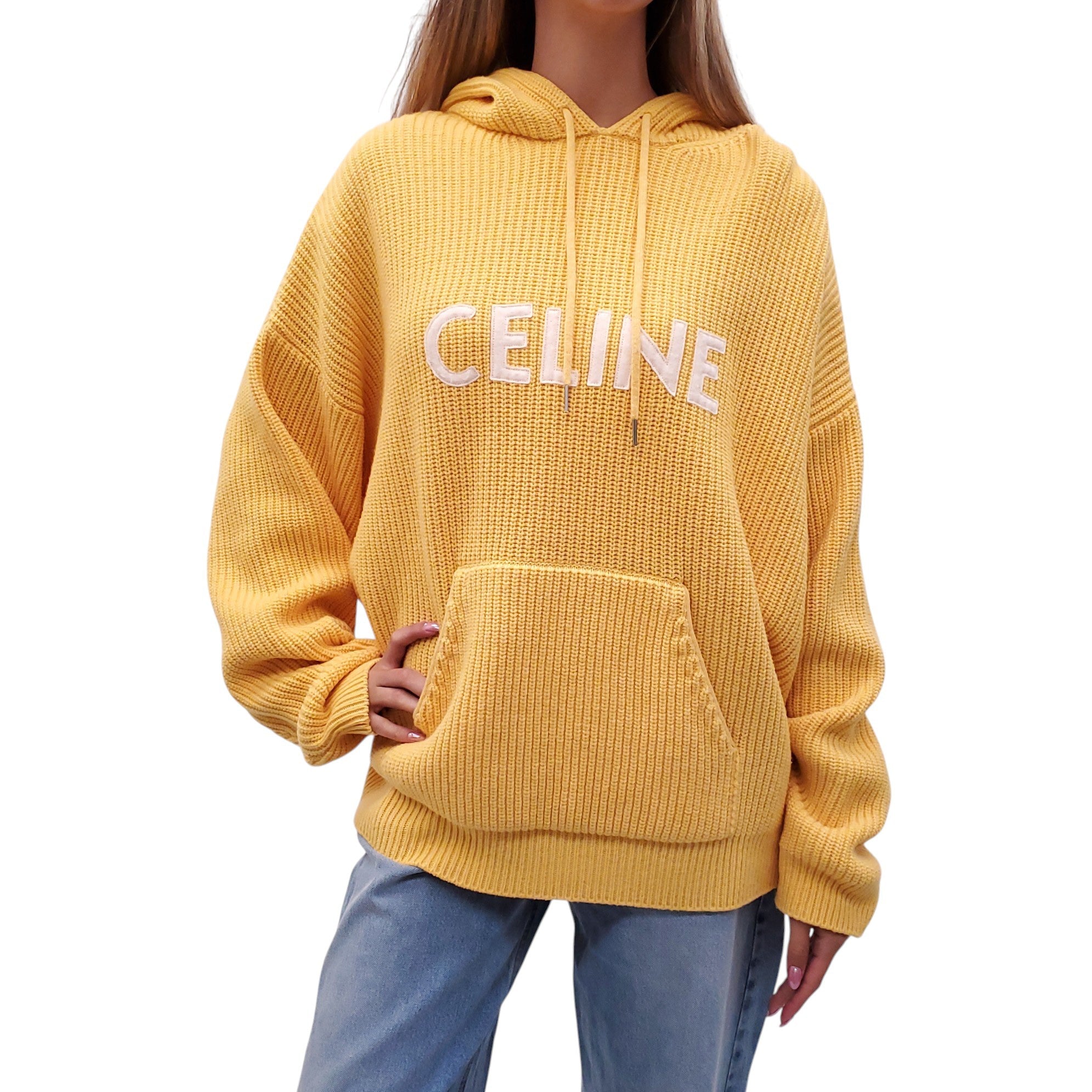 CELINE YELLOW LOGO KNIT HOODIE SWEATER - SIZE L