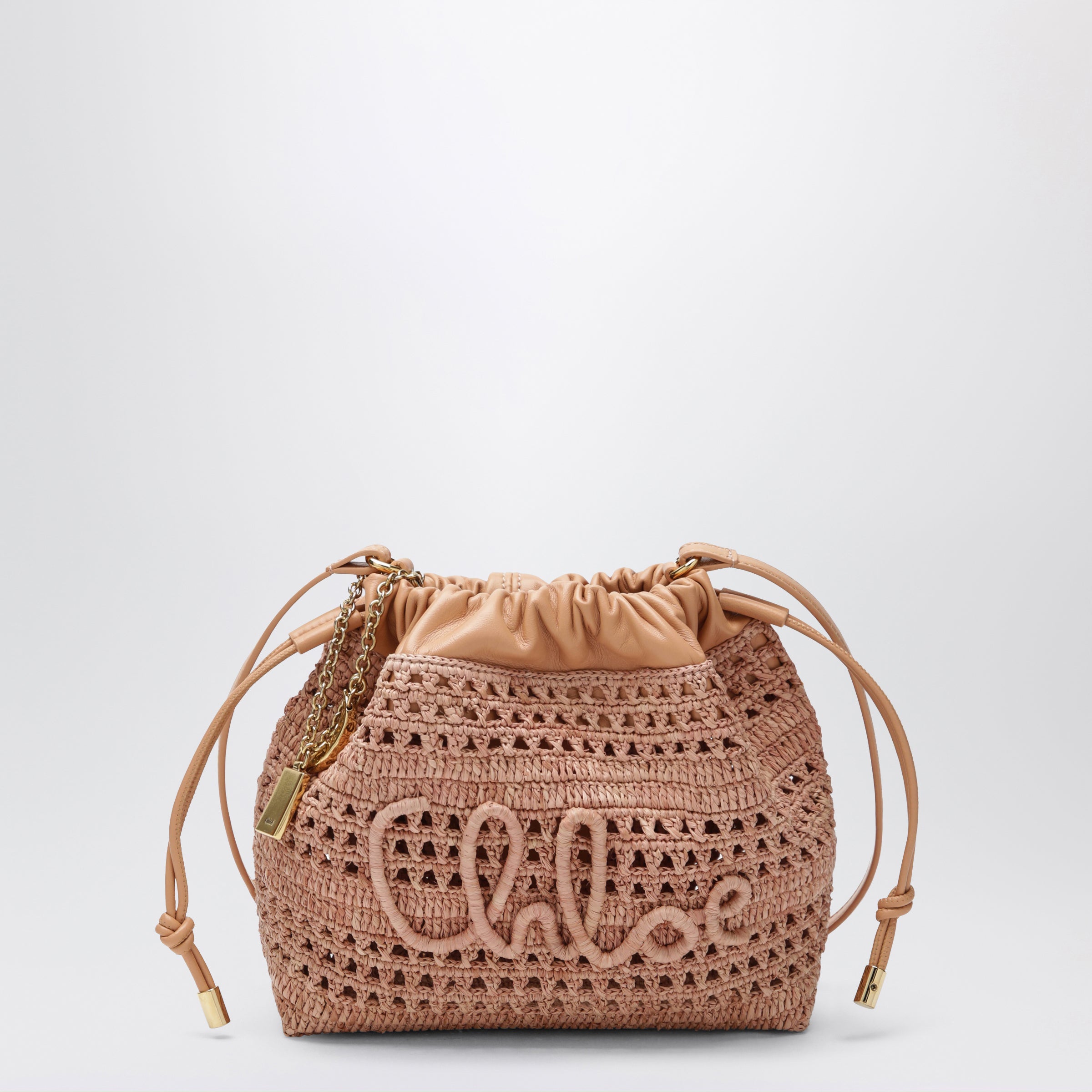 Chloe Mini Summer Banana Drawstring Raffia Bag In Beige Women