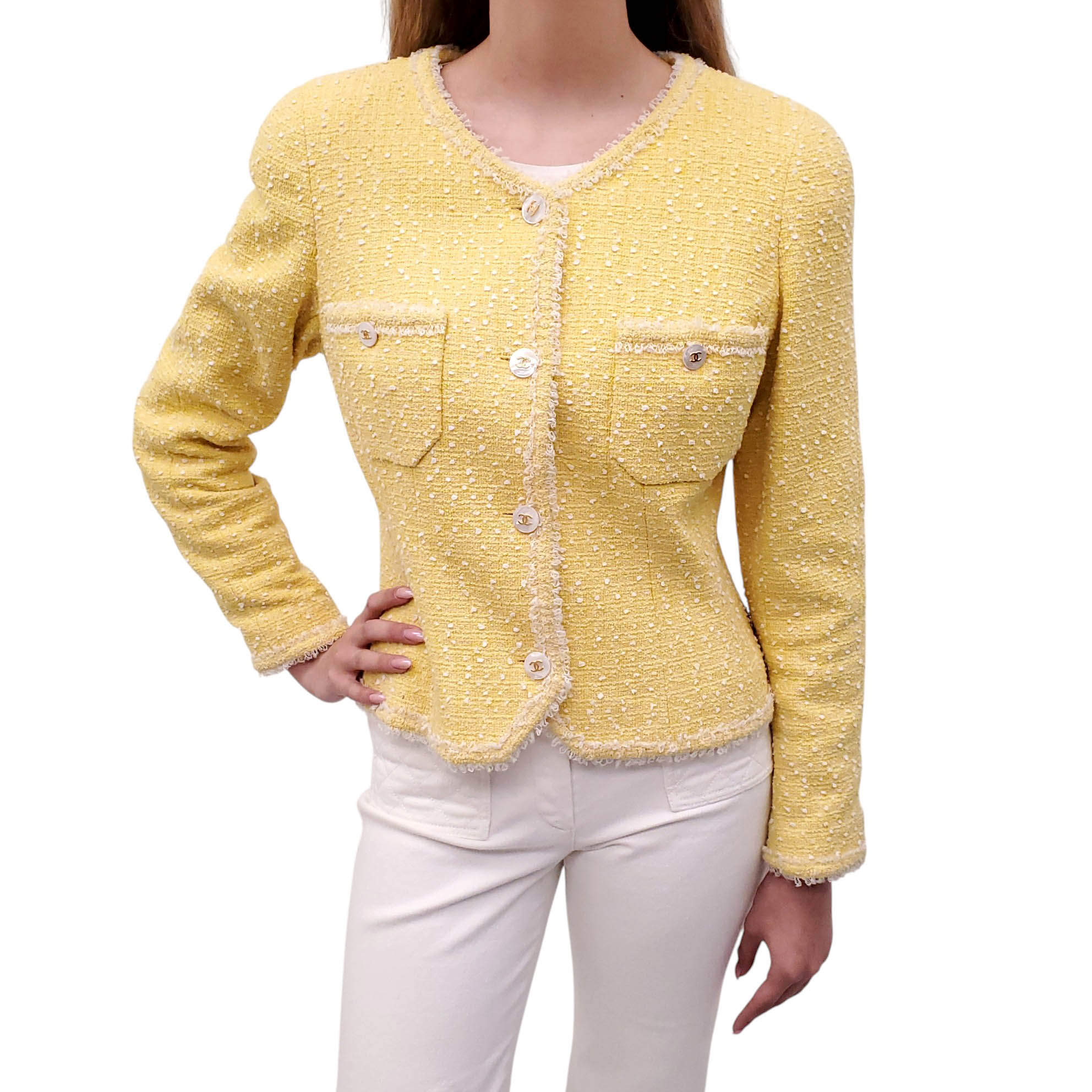 CHANEL 1994 YELLOW BOUCLÉ JACKET WITH LOGO BUTTONS - SIZE 40
