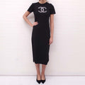 CHANEL 2021 BLACK SHORT SLEEVE MAXI DRESS WITH FLORAL LOGO AND SEQUINS - SIZE 34
