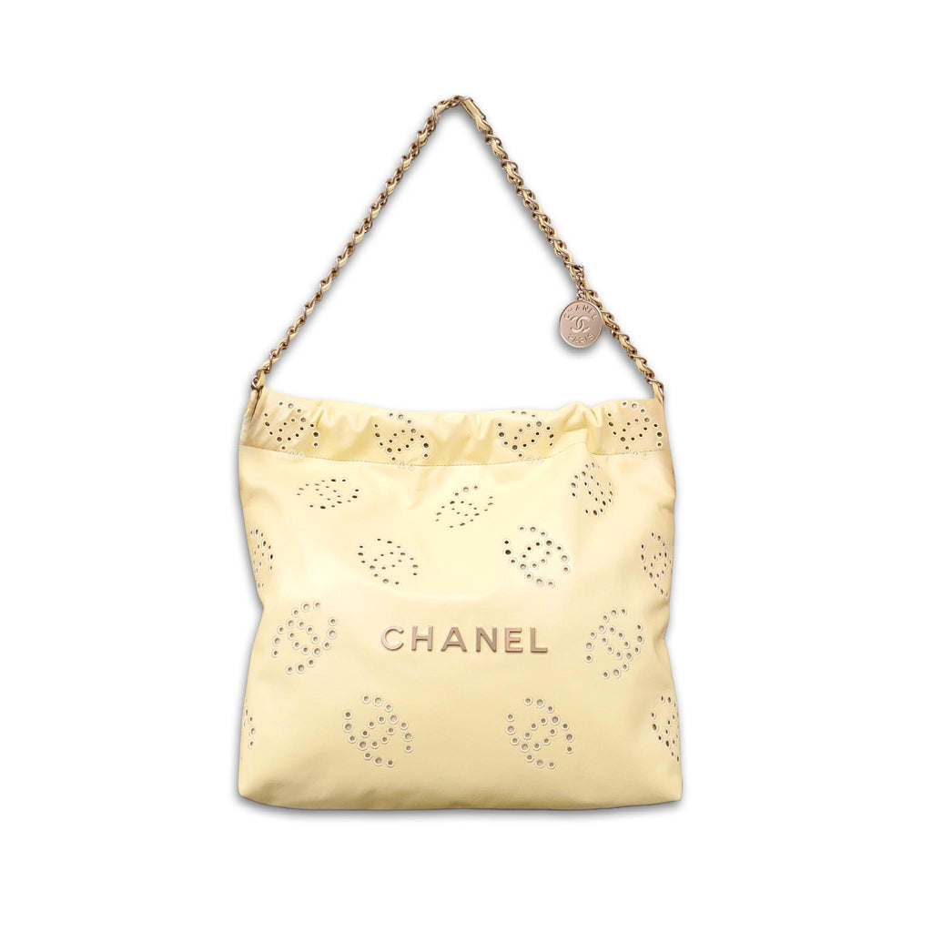 CHANEL 2025 YELLOW EMBROIDERED CALFSKIN SMALL 22 BAG