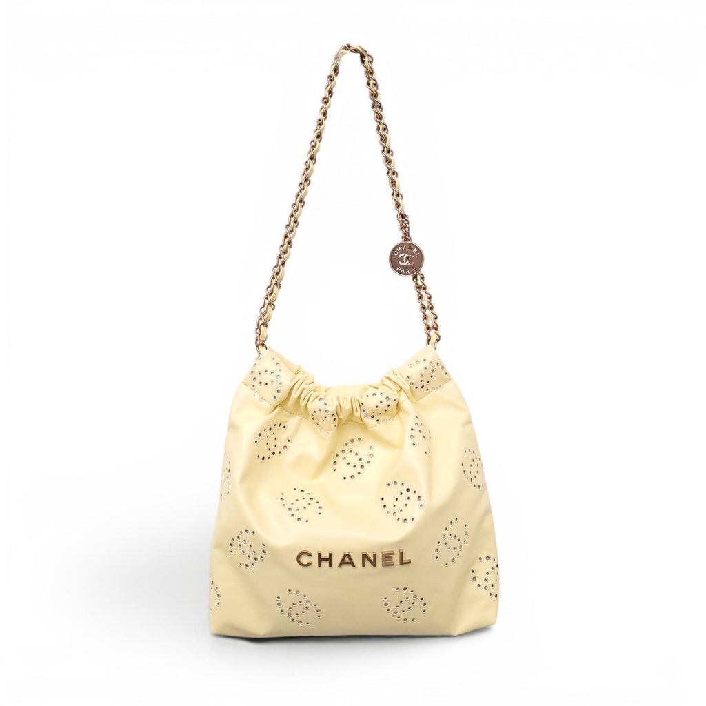 CHANEL 2025 YELLOW EMBROIDERED CALFSKIN SMALL 22 BAG