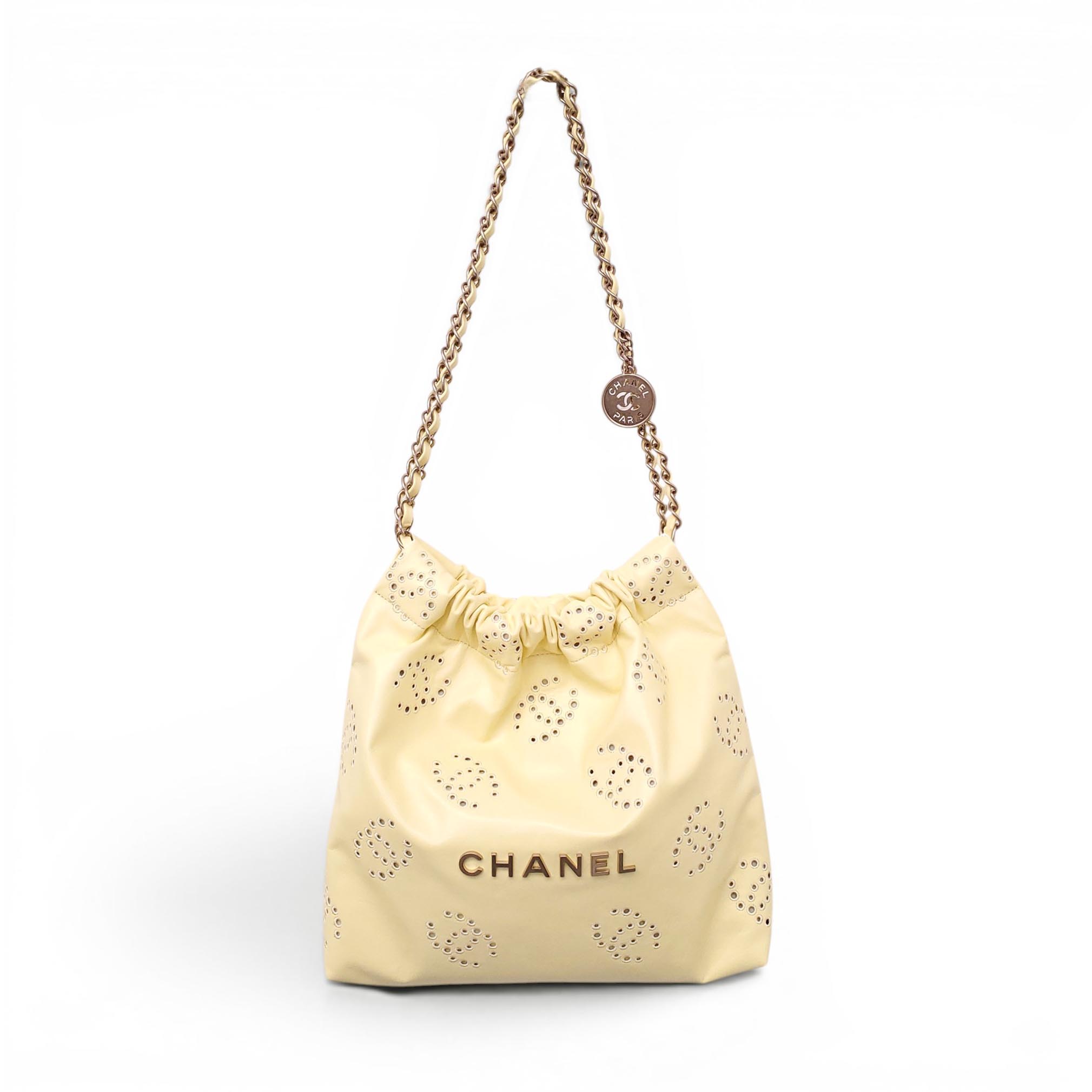 CHANEL 2025 YELLOW EMBROIDERED CALFSKIN SMALL 22 BAG