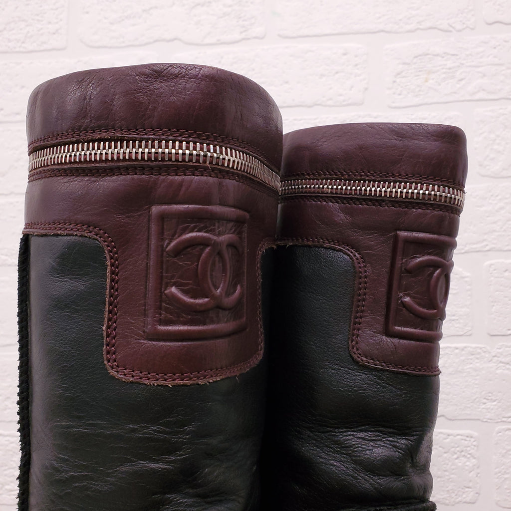 CHANEL BLACK AND BURGUNDY LOGO MOTORCYCLE BOOTS - SIZE 38