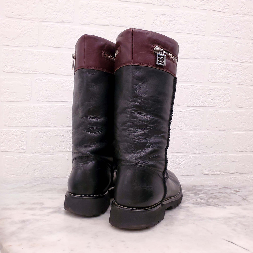 CHANEL BLACK AND BURGUNDY LOGO MOTORCYCLE BOOTS - SIZE 38