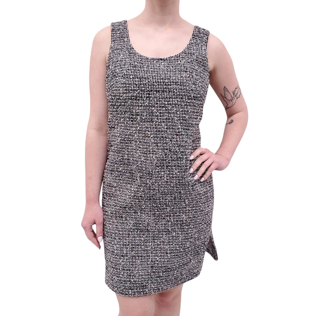 CHANEL BLACK AND WHITE TWEED DRESS WITH SEQUIN DETAILS - SIZE 38