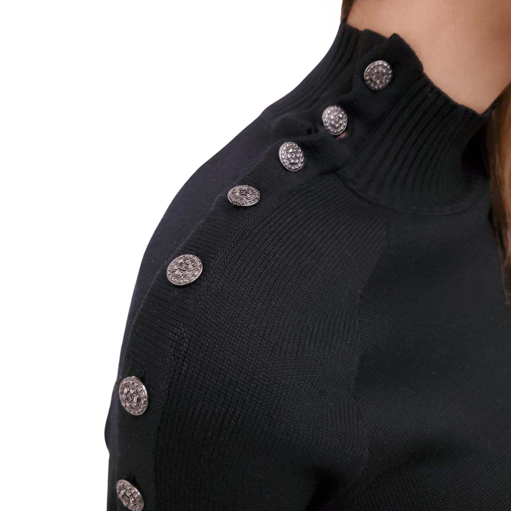 CHANEL BLACK KNIT DRESS WITH SILVER LOGO BUTTONS - SIZE 36