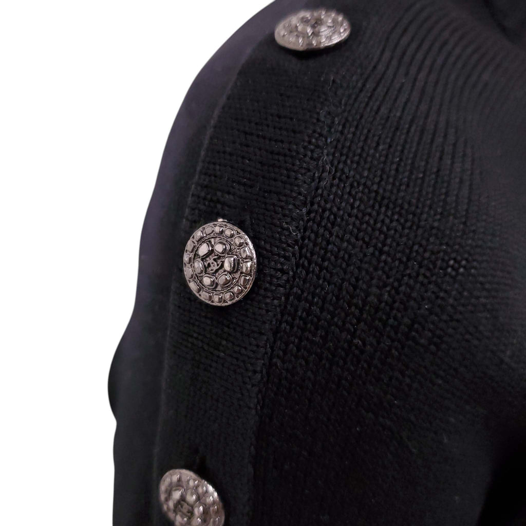 CHANEL BLACK KNIT DRESS WITH SILVER LOGO BUTTONS - SIZE 36