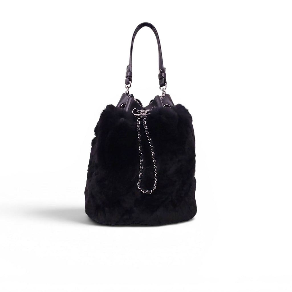 CHANEL BLACK ORYLAG MINK DRAWSTRING BUCKET BAG