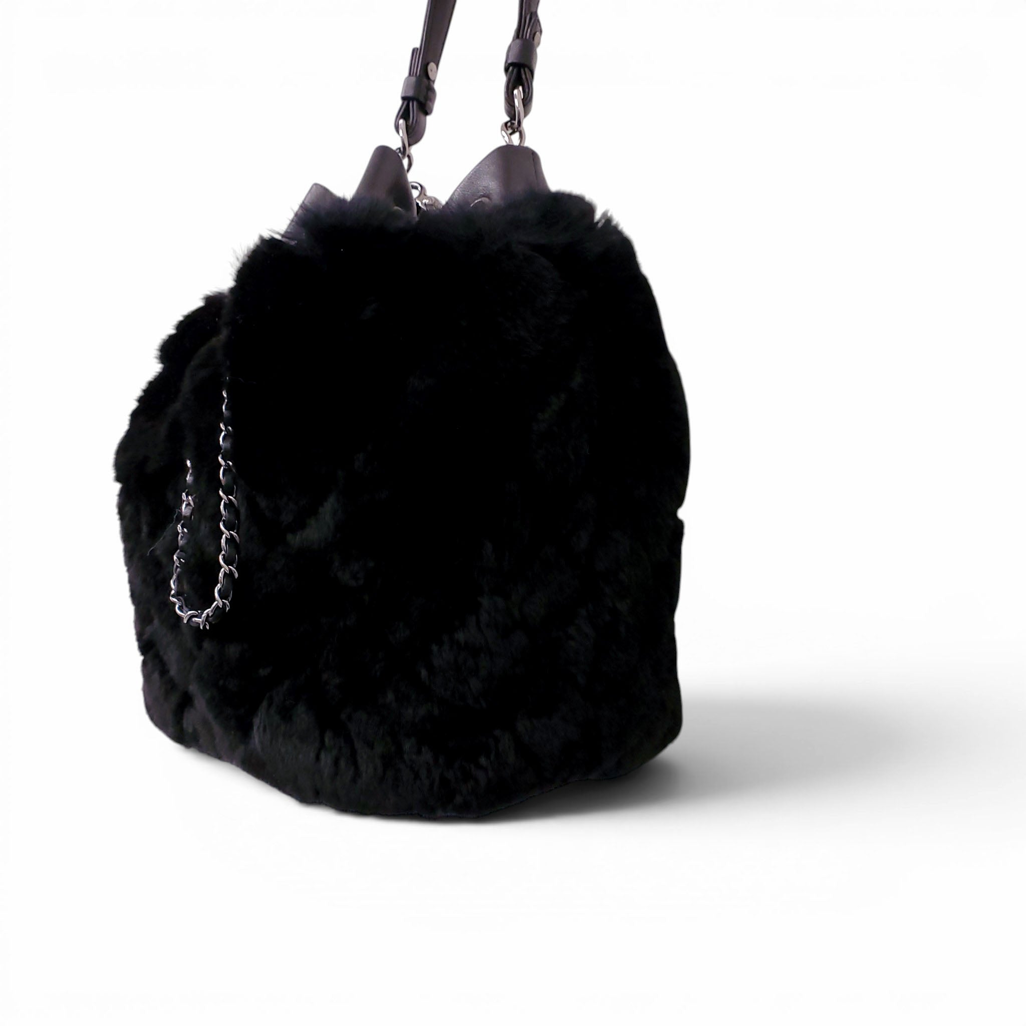 CHANEL BLACK ORYLAG MINK DRAWSTRING BUCKET BAG