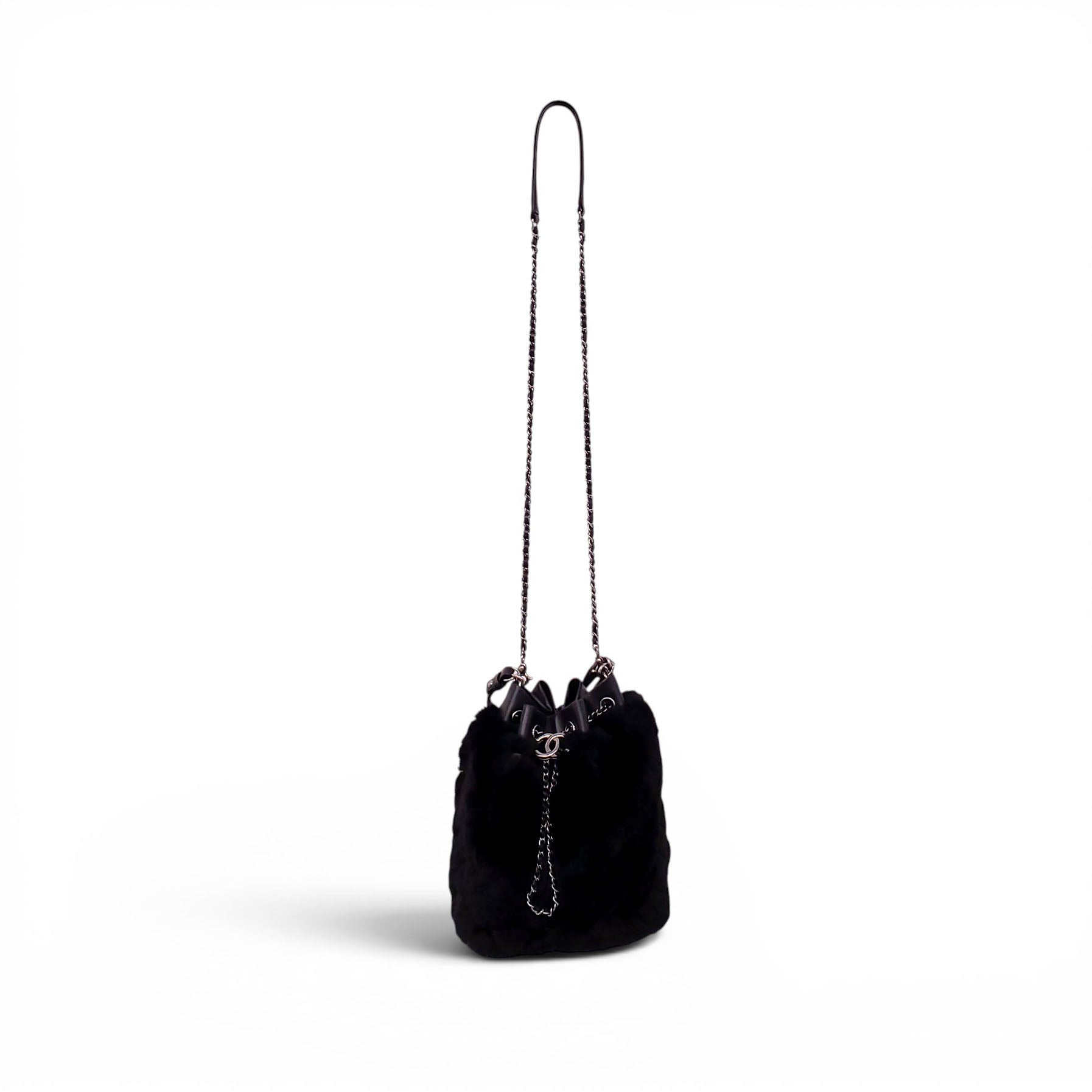 CHANEL BLACK ORYLAG MINK DRAWSTRING BUCKET BAG