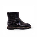 CHANEL BLACK PATENT CAP TOE BOOTS WITH CHAIN AND SHEARLING DETAIL - SIZE 40