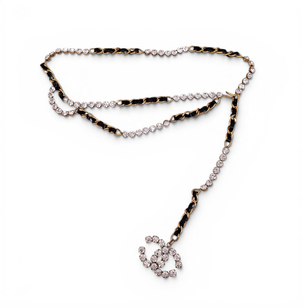 CHANEL BLACK PATENT LEATHER CHAIN BELT WITH CRYSTAL LOGO
