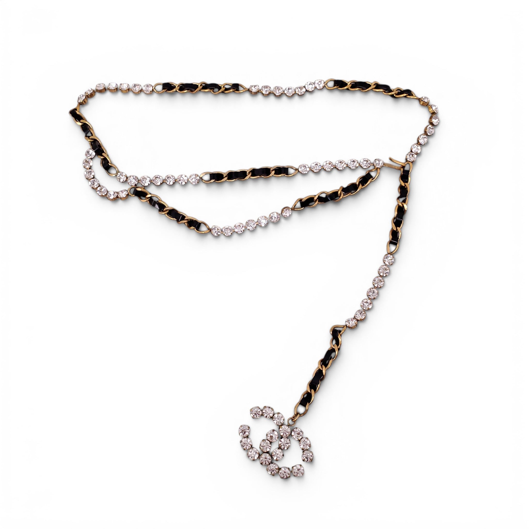 CHANEL BLACK PATENT LEATHER CHAIN BELT WITH CRYSTAL LOGO