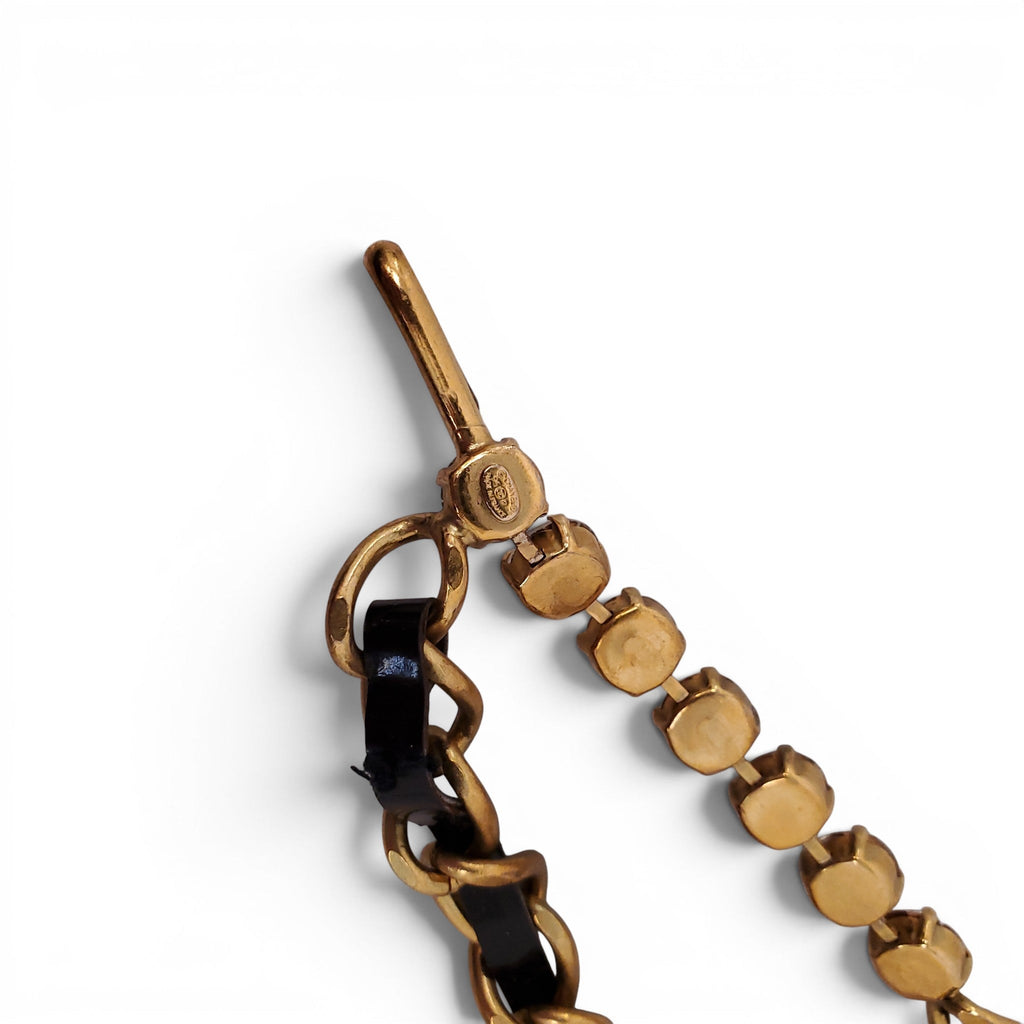 CHANEL BLACK PATENT LEATHER CHAIN BELT WITH CRYSTAL LOGO