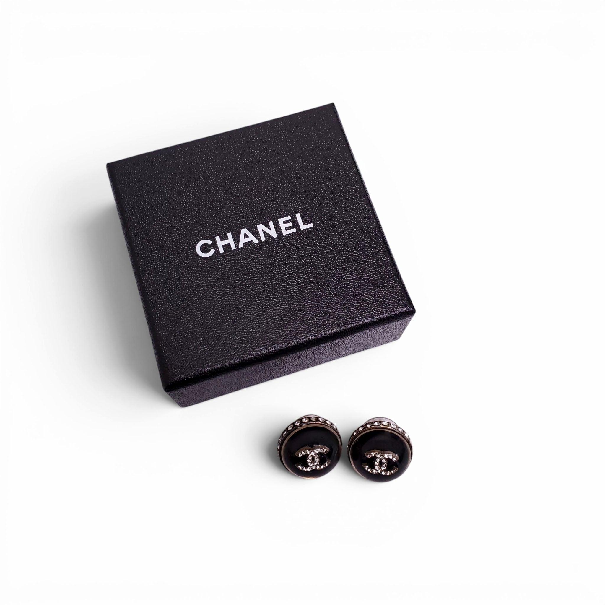 CHANEL BLACK RESIN CRYSTAL LOGO EARRINGS