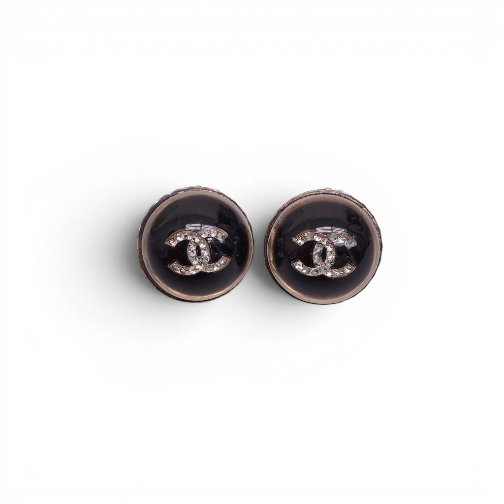 CHANEL BLACK RESIN CRYSTAL LOGO EARRINGS