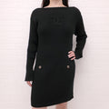 CHANEL BLACK RIBBED LONG SLEEVE LOGO DRESS WITH GOLD LOGO BUTTONS - SIZE 40