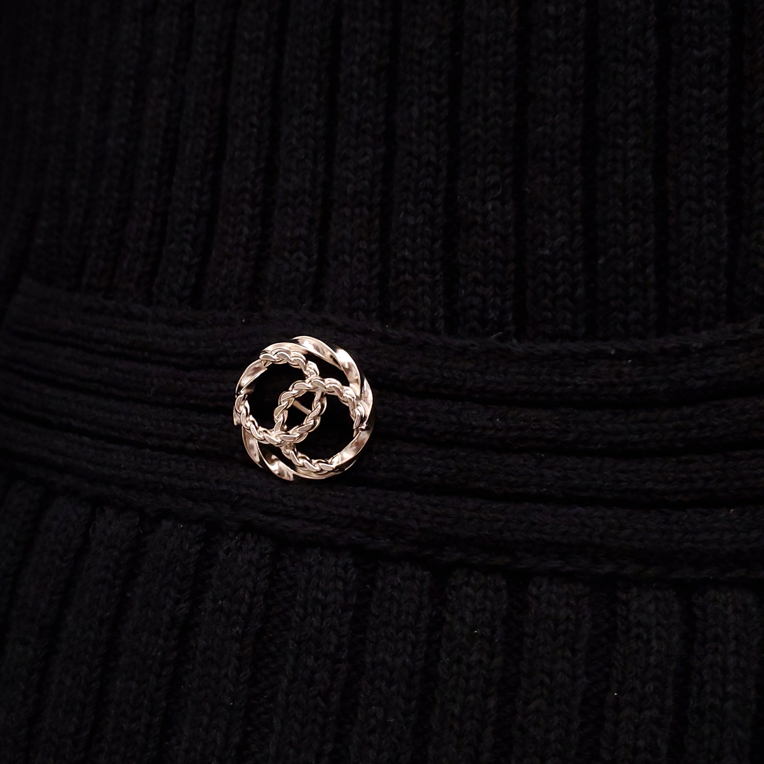 CHANEL BLACK RIBBED LONG SLEEVE LOGO DRESS WITH GOLD LOGO BUTTONS - SIZE 40