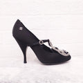 CHANEL BLACK SATIN HEELS WITH SILVER SEQUIN DETAIL - SIZE 40