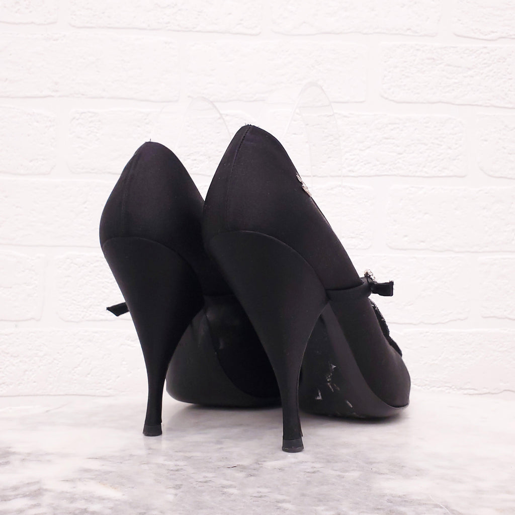 CHANEL BLACK SATIN HEELS WITH SILVER SEQUIN DETAIL - SIZE 40