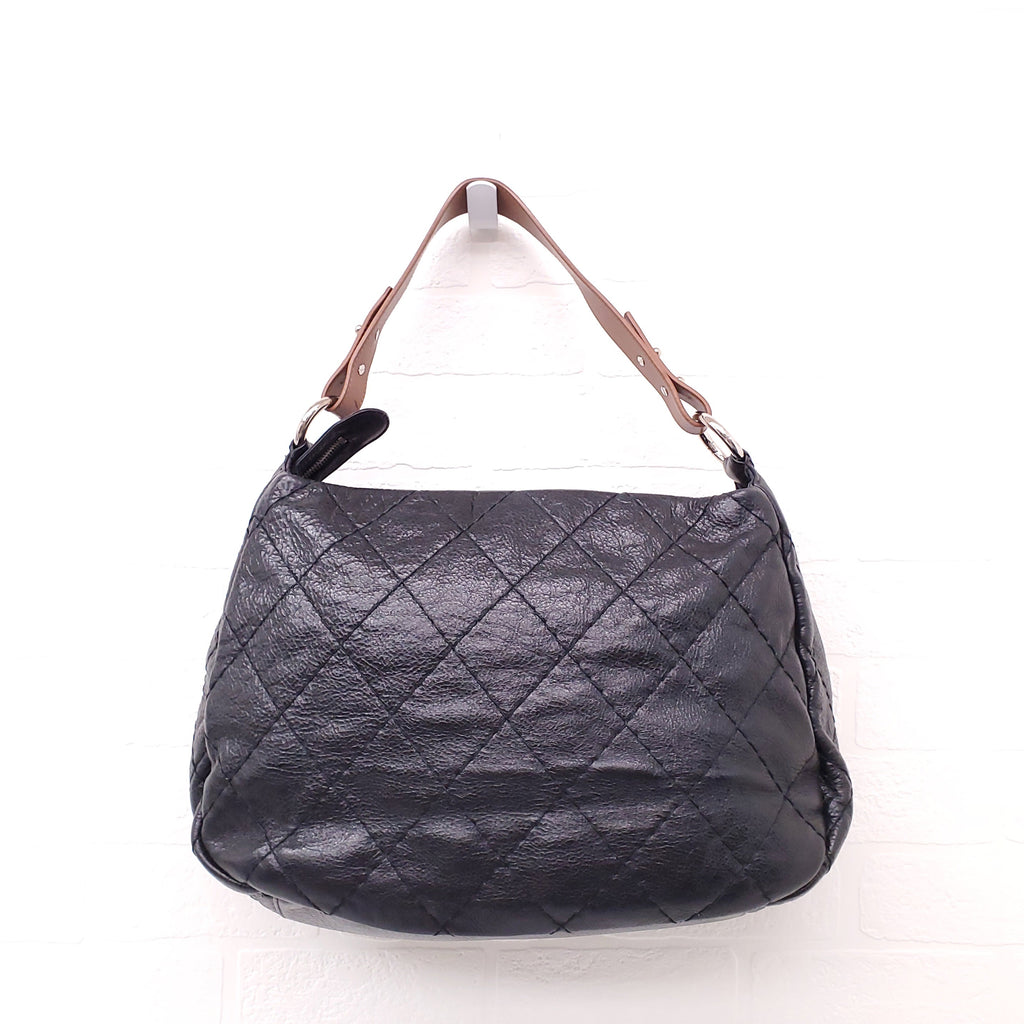 CHANEL BLACK SHOULDER BAG WITH BROWN SHOULDER STRAP