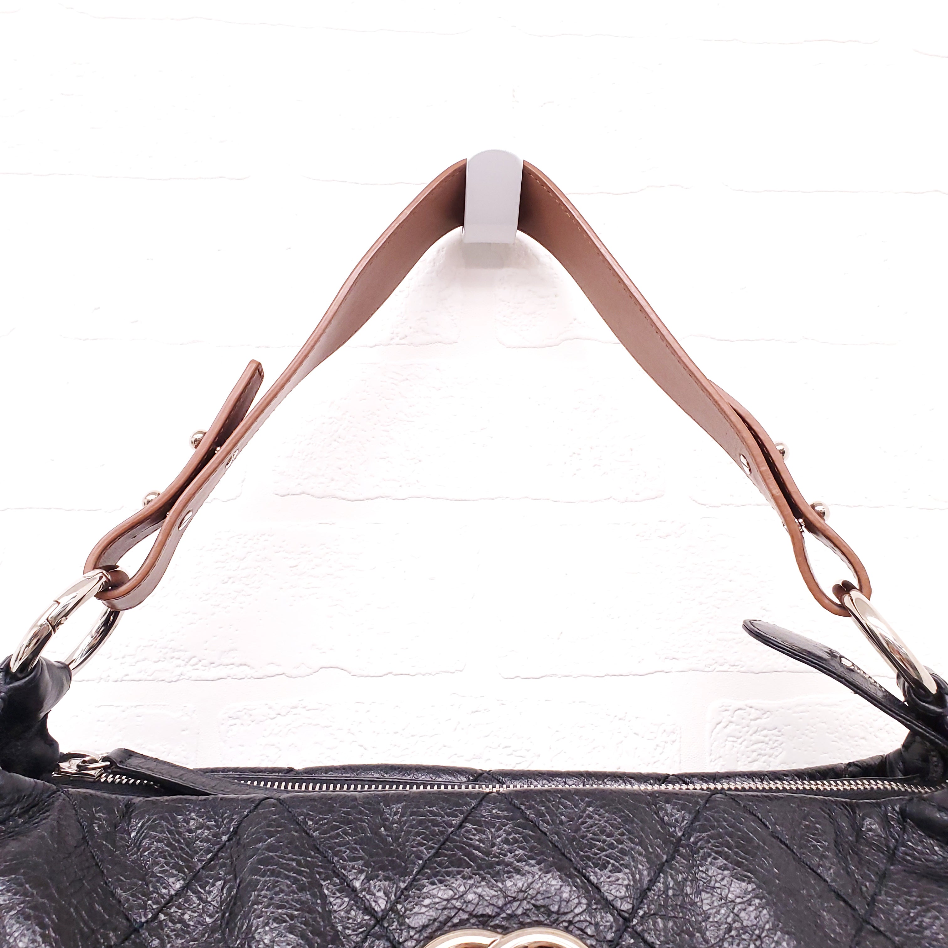 CHANEL BLACK SHOULDER BAG WITH BROWN SHOULDER STRAP
