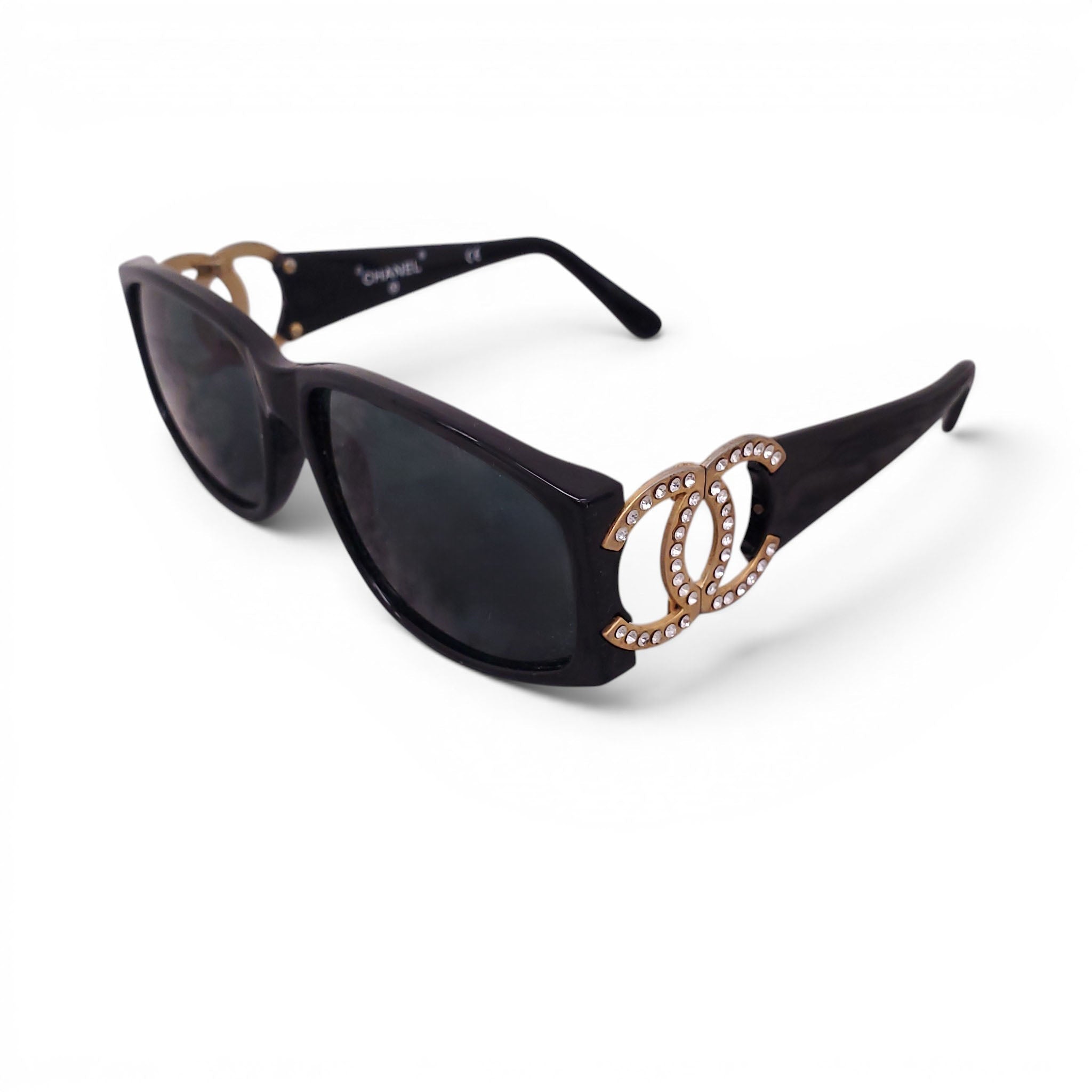 CHANEL BLACK SQUARE SUNGLASSES WITH CRYSTAL LOGO
