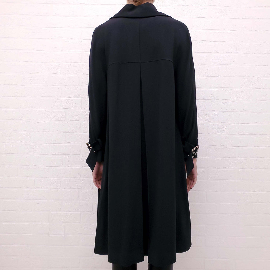 CHANEL BLACK TRENCH COAT WITH GOLD CHAIN DETAIL - SIZE 38