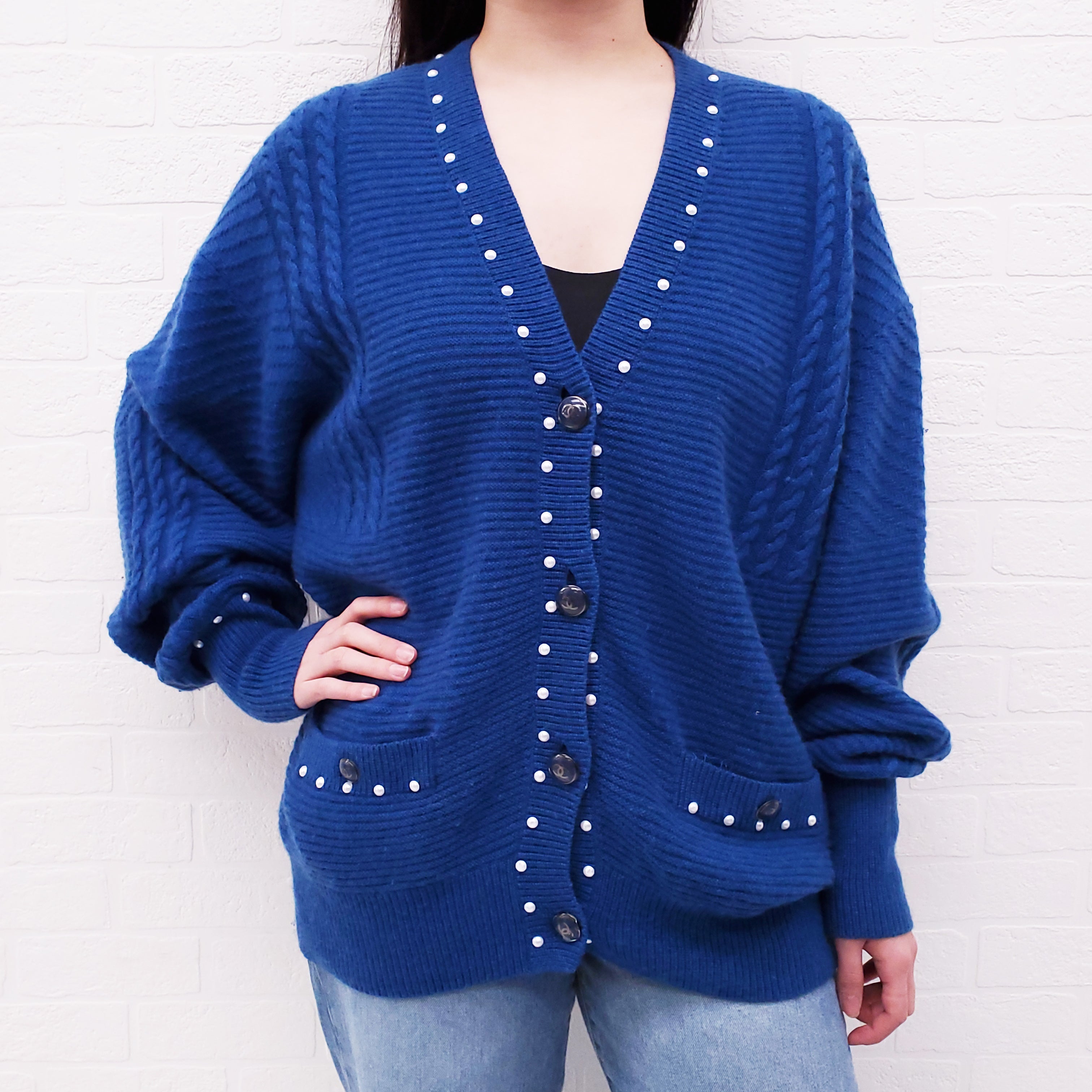 CHANEL BLUE CARDIGAN WITH PEARL DETAIL - SIZE 38