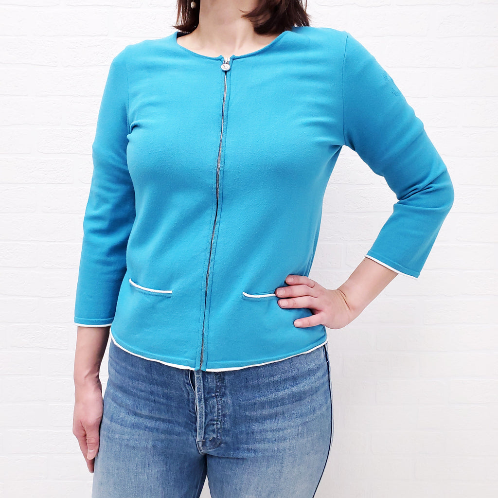 CHANEL BLUE LOGO ZIP SWEATER - SIZE 42
