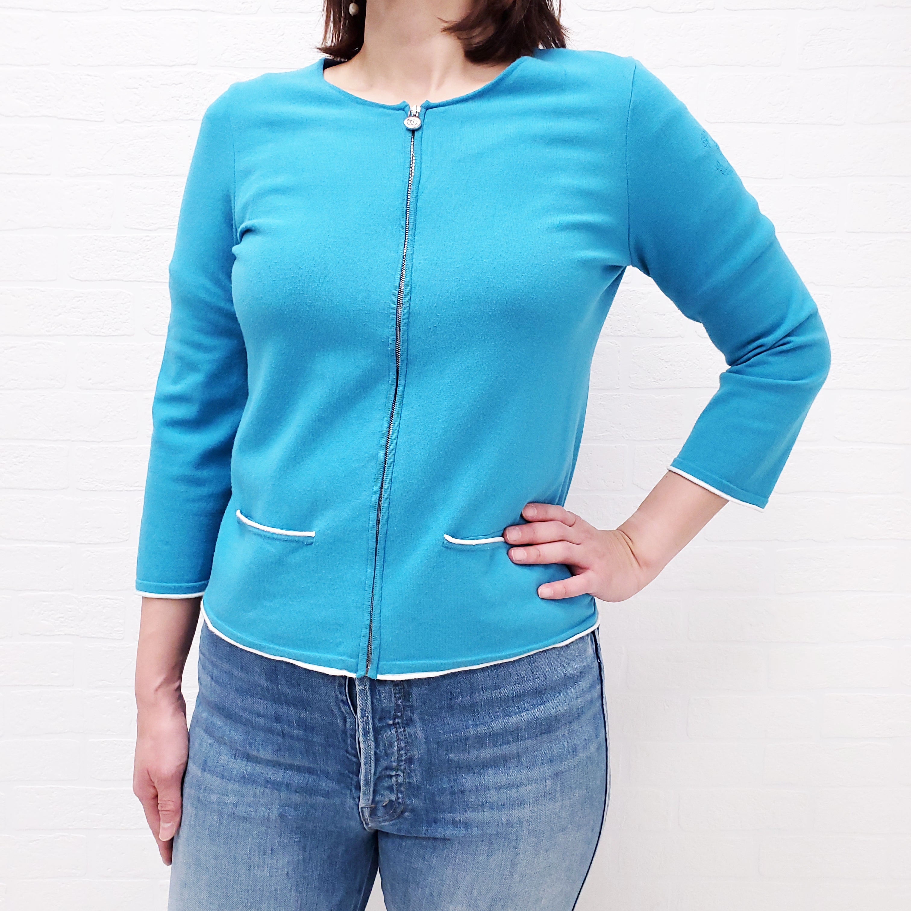 CHANEL BLUE LOGO ZIP SWEATER - SIZE 42