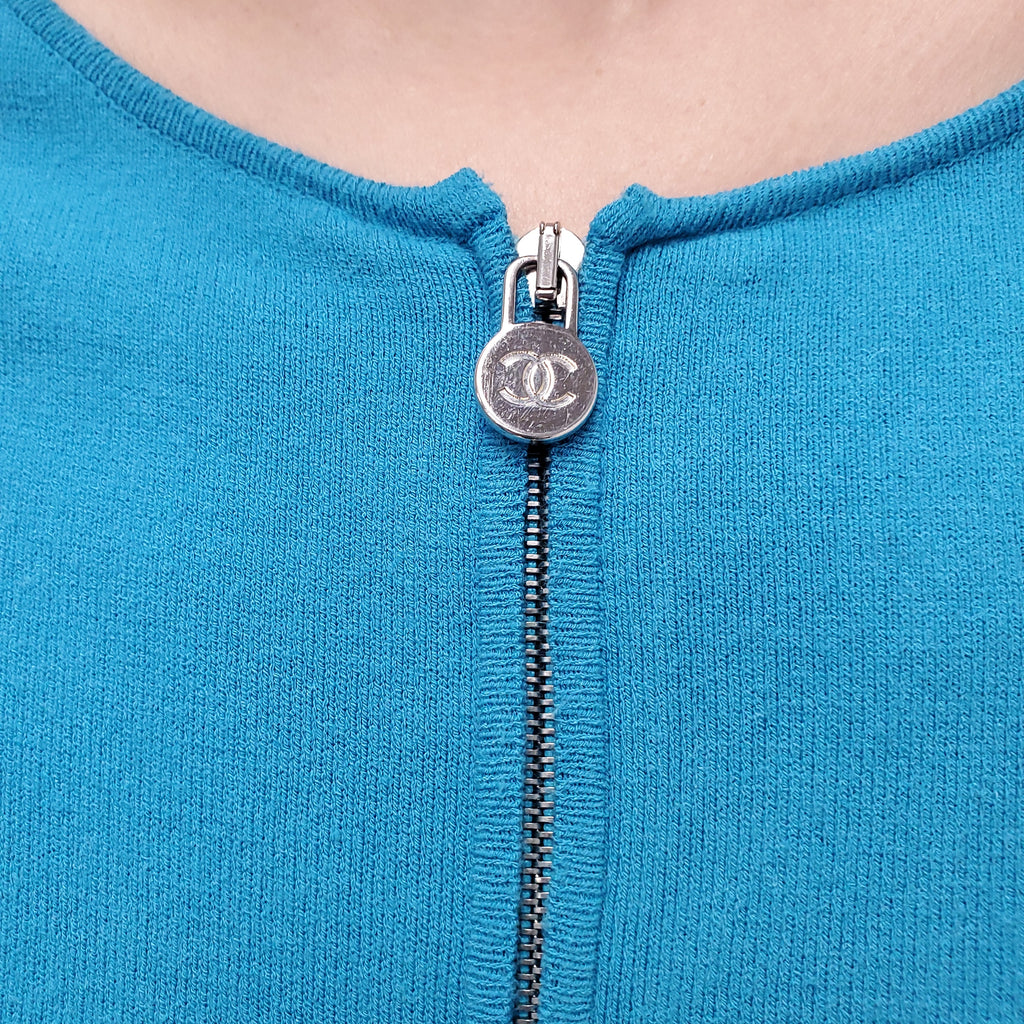CHANEL BLUE LOGO ZIP SWEATER - SIZE 42