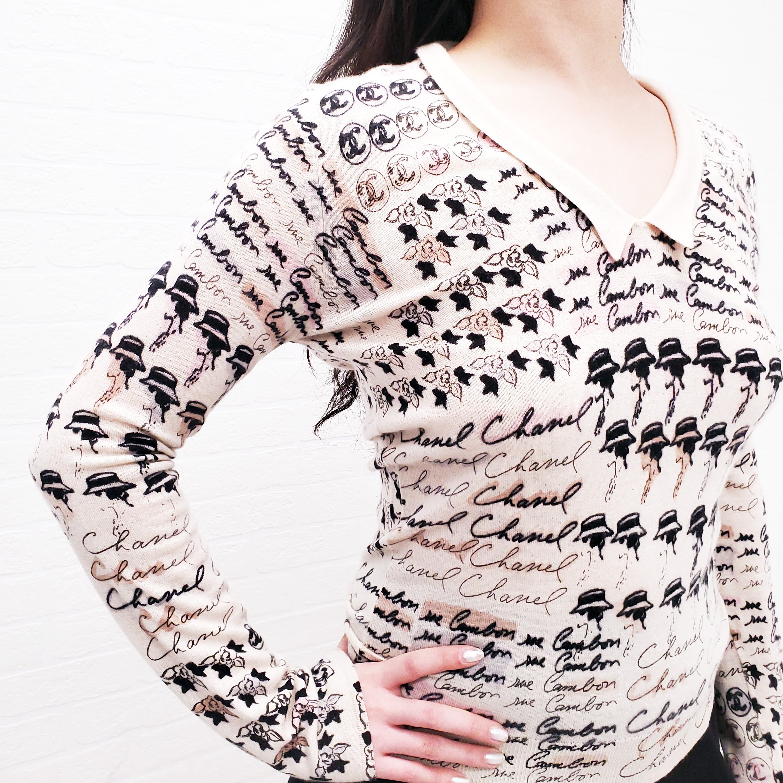 CHANEL CASHMERE LOGO SWEATER WITH COCO CHANEL - SIZE 36