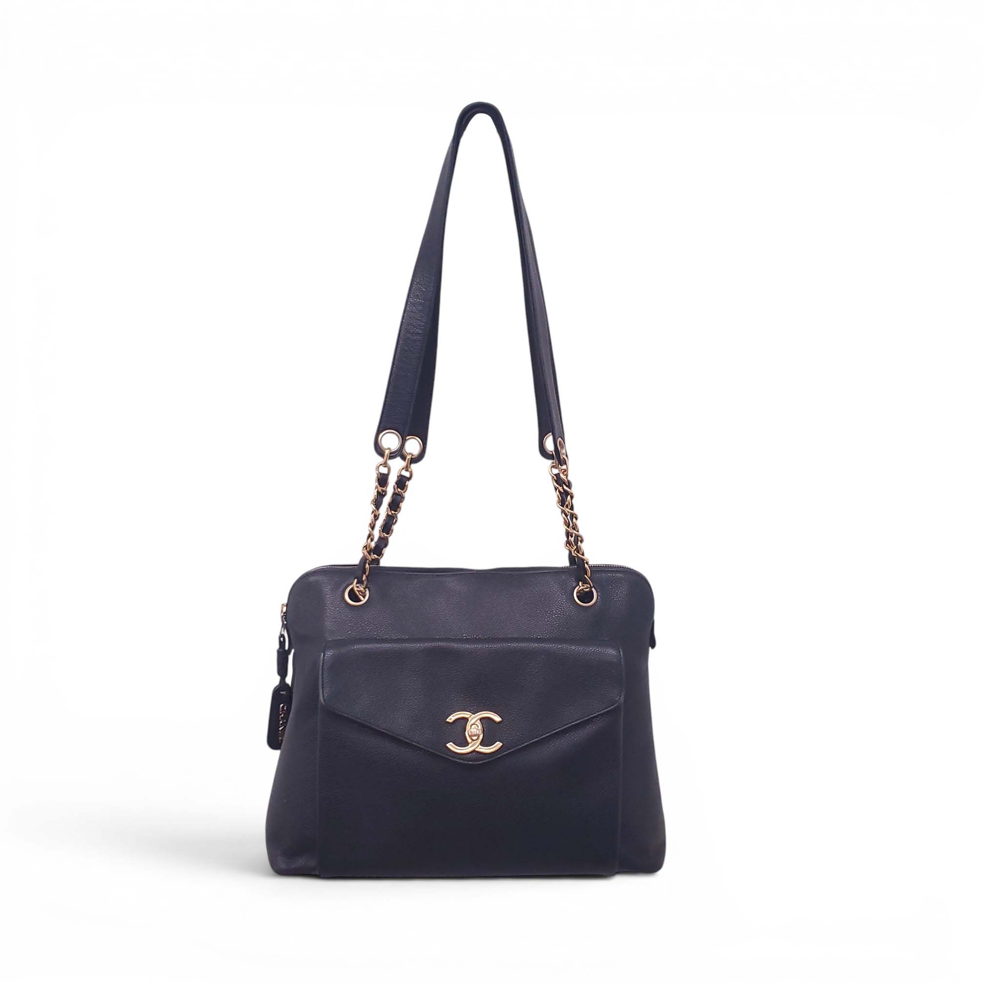 CHANEL CAVIAR LEATHER COCO MARK TURNLOCK CHAIN TOTE BAG