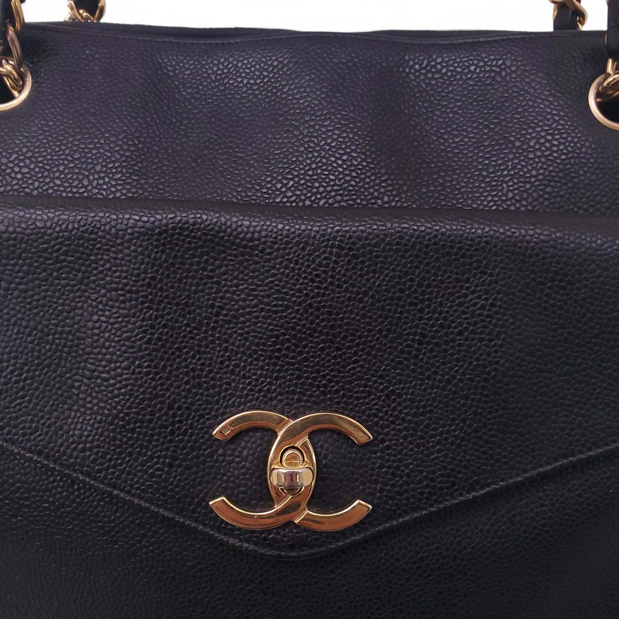 CHANEL CAVIAR LEATHER COCO MARK TURNLOCK CHAIN TOTE BAG