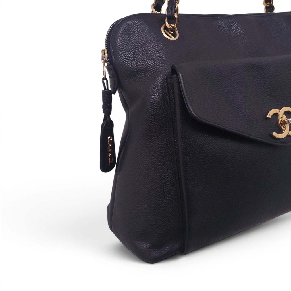 CHANEL CAVIAR LEATHER COCO MARK TURNLOCK CHAIN TOTE BAG