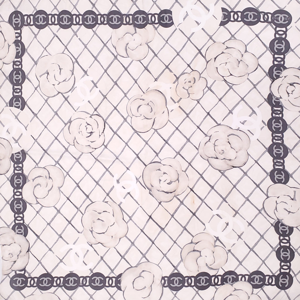 CHANEL CREAM CAMÉLIA LOGO SILK SCARF