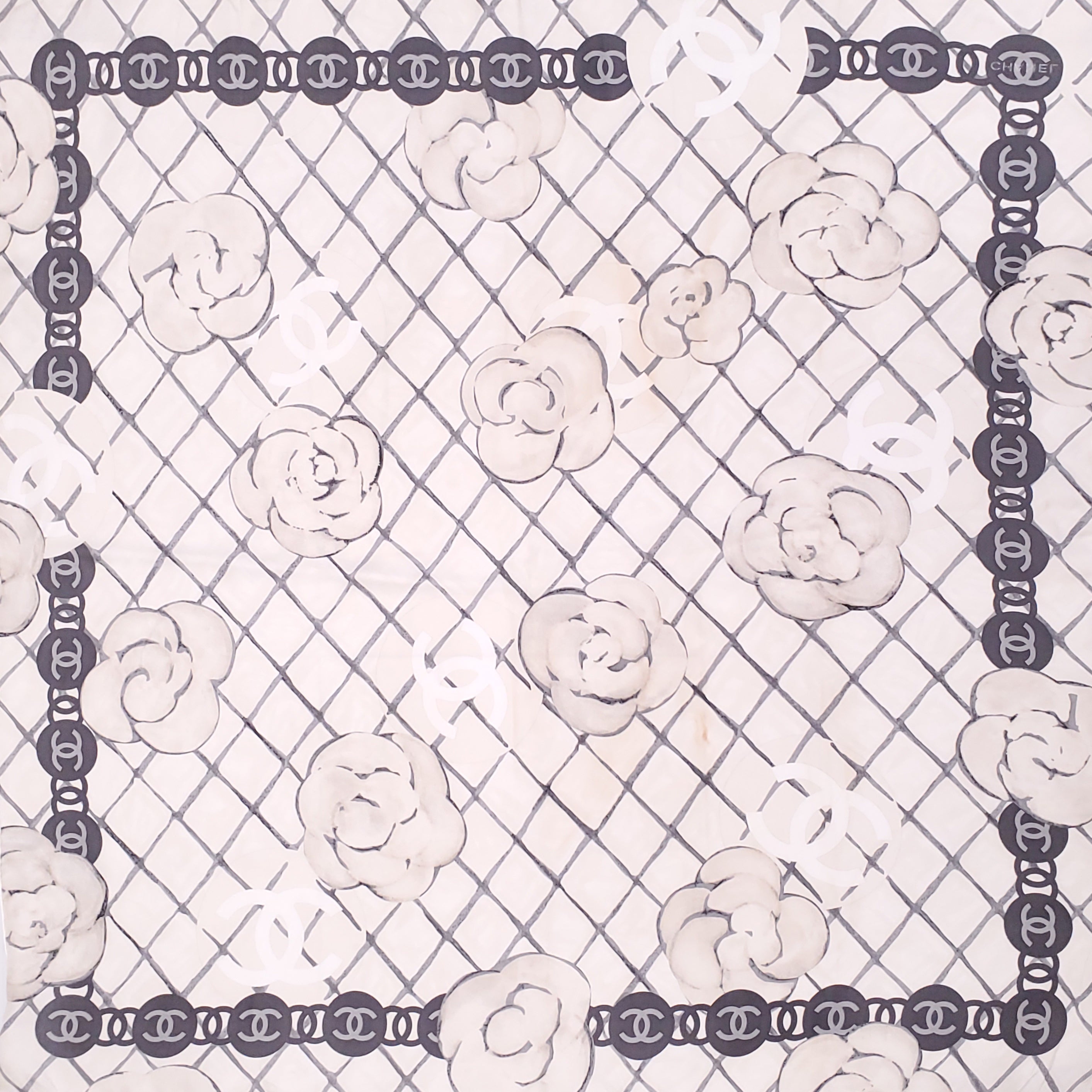 CHANEL CREAM CAMÉLIA LOGO SILK SCARF